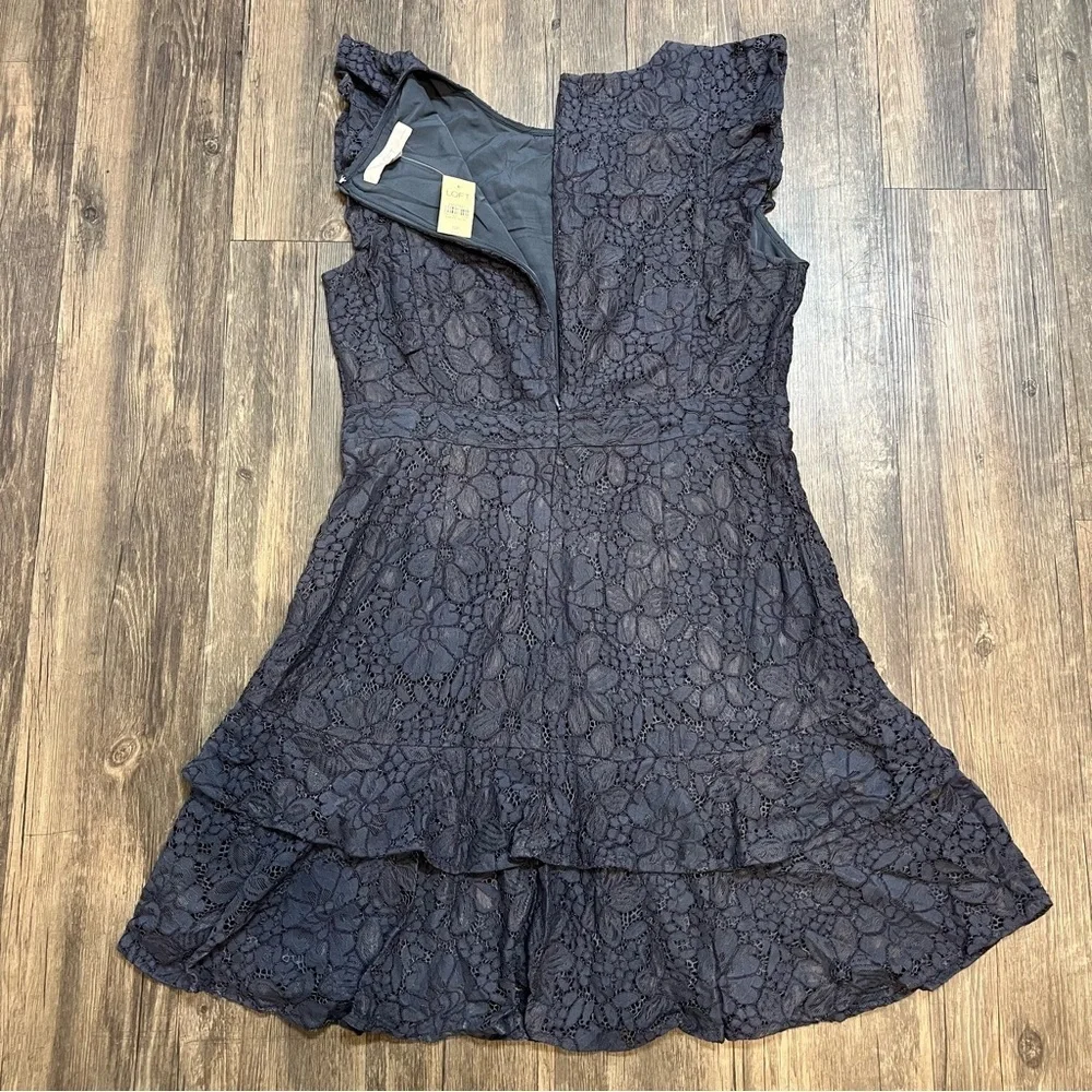 NWT Loft Navy Blue Floral Lace Ruffle Mini Flutter Sleeve Cocktail Dress 10P - Picture 10 of 15